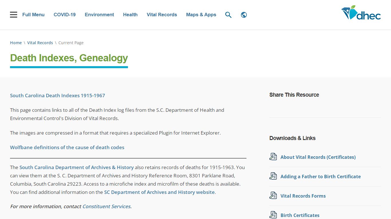 Death Indexes, Genealogy | SCDHEC