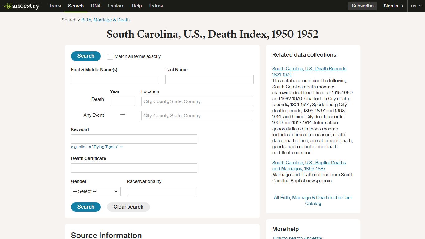 South Carolina, U.S., Death Index, 1950-1952 - Ancestry.com