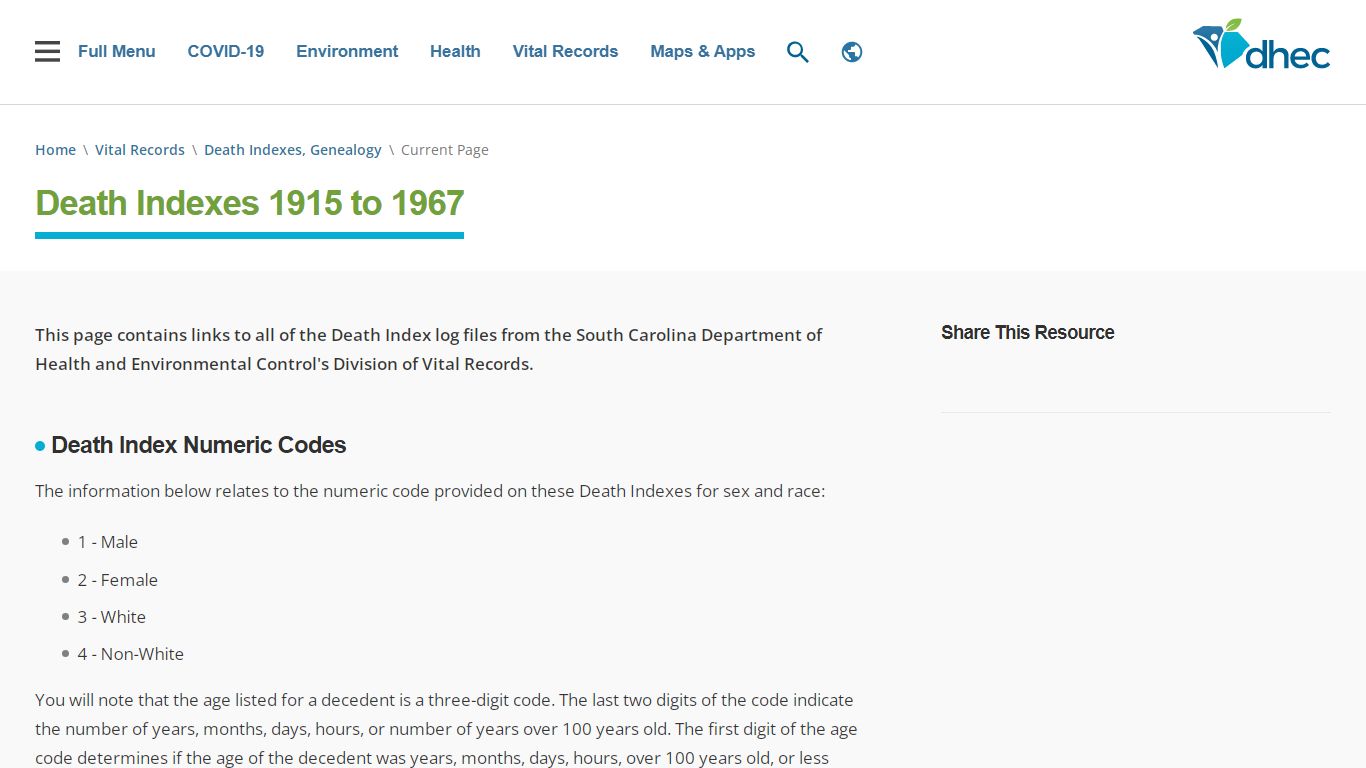 Death Indexes 1915 to 1967 | SCDHEC